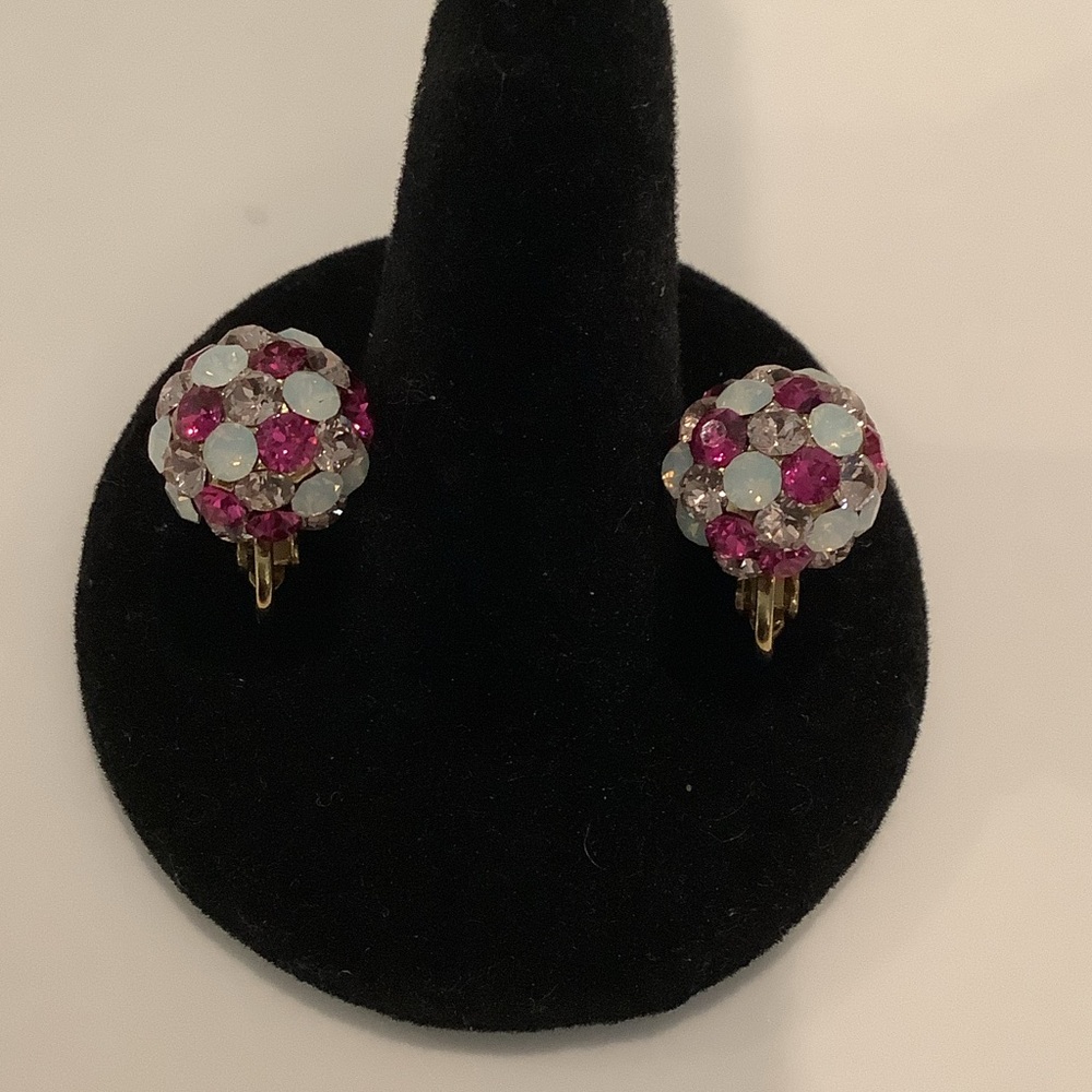 Pink & White Crystal Cluster Clip-On Earrings, Brand New